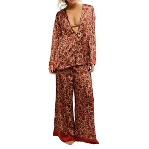 Intimately Free People Cheetah Leopard Floral Brown Silky Pajama Shirt Size L thumbnail 3