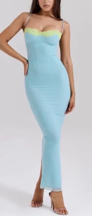 NWOT HOUSE OF CB Aiza Ocean Blue Contrast Lace Maxi Dress sz L thumbnail 1