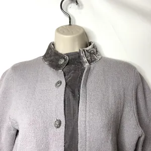 HWR Anthropologie grey high collar merino wool velvet button up sweater cardigan thumbnail 2