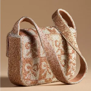 Anthropologie Fiona beaded shoulder bag bows metallic bronze mixed coquette thumbnail 3
