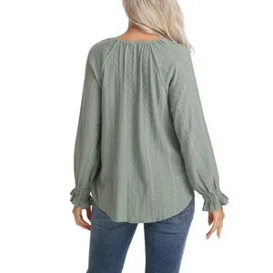 Frye Embroidered Boho Blouse Smocked Cuff Split Neck Green Long Sleeve S NWT thumbnail 2