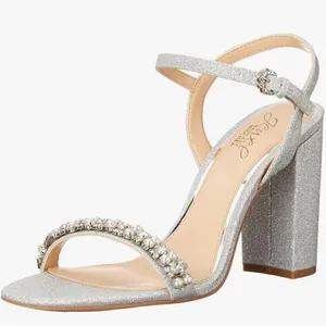 Badgley Mischka Sandals Size 8.5 Silver Block Heel Open Toe Embellished Bridal thumbnail 1