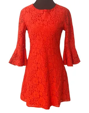 Lulus Favorite Flair Red Lace Bell Sleeve Dress Fit Flare Small Date Night Guest thumbnail 1
