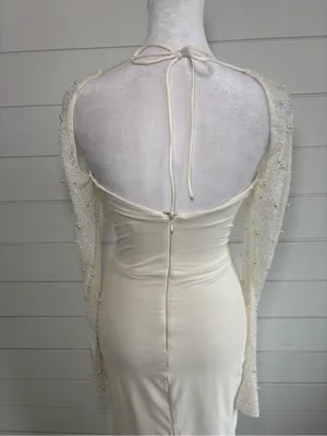 Oh Polly Ivory Pearl Beaded Sleeve Maxi Dress High Slit Formal Gown Size 4 thumbnail 12