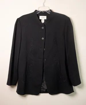 Jessica‎ Tierney 100% Wool Blazer 14 Black Embroidered Mandarin Collar Vintage thumbnail 1