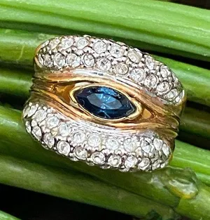 Vintage Blue Sapphire Rhinestone Gold-plated Statement Ring Size 6 thumbnail 1