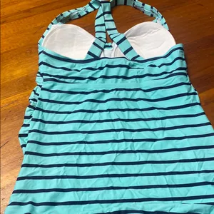 Blue and Black Maternity One Piece Swimsuit with Halter Straps by Beach Bump thumbnail 2