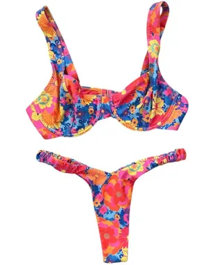 Kulani Kinis Bikini Set Sapphire Sun Floral Retro Y Thong Underwire Bralette M/L thumbnail 1