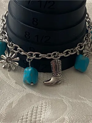 6.5” To 9” Bracelet Coywboy Boot & Flower Faux Turquoise Chunks Western Cowgirl thumbnail 7