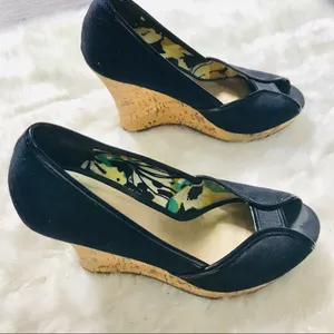 Charlotte Russe Black Canvas Peep Toe Natural Cork Wedges Size 6 thumbnail 3