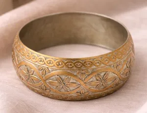 Vintage Etched Wide Bangle Bracelet Floral Scroll Copper and Silver Tone thumbnail 1