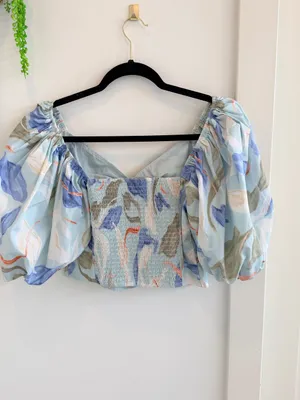 Abercrombie & Fitch Pastel Blue Floral Puff-Sleeve Crop Top thumbnail 6