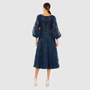 Mac Duggal 20391‎ Embellished Plunge Neck Bishop Sleeve Dress Sz 4 Midnight thumbnail 3