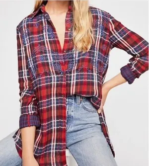 Free People XS Plaid Embroidered Button-Up Shirt Red/Blue Long Sleeve Cotton thumbnail 1