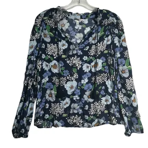 Lucky Brand Navy Floral Print Tassel V Neck Long Sleeve Blouse Women's‎ Small thumbnail 1