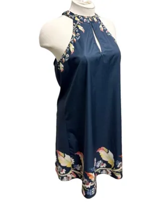 Floral Halter Neck Mini Dress Navy Blue Boho Summer Sundress Keyhole Size M thumbnail 4