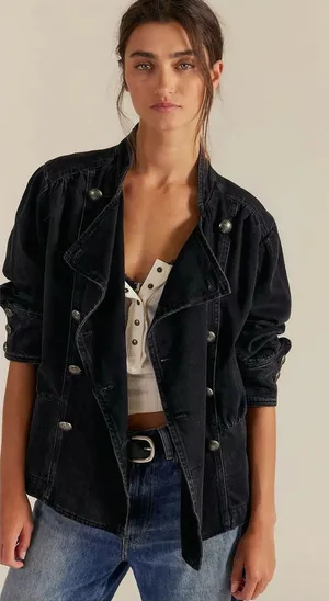 Free People Imogene Denim Officer Jacket in Odyssey Black Military Denim Small thumbnail 1