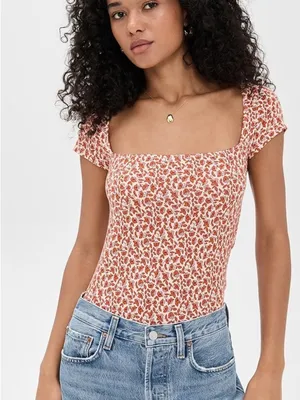 NWT Reformation Bardot Knit Top Short Sleeve Mulberry Red Cream Floral Medium thumbnail 2