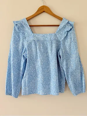 J Crew Factory Squareneck ruffle top puff sleeve blue cornflower white size S thumbnail 6