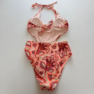Aerie Swimsuit One Piece Womens Medium Orange Floral Geometric Cut Out Halter thumbnail 3