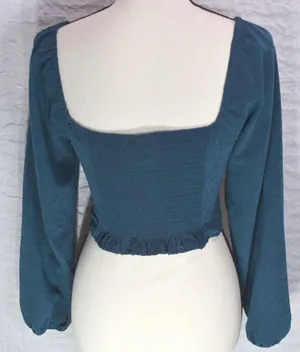 Kirious Los Angeles Teal Corset Crop Top Long Puff Sleeve Smocked Back Small thumbnail 2