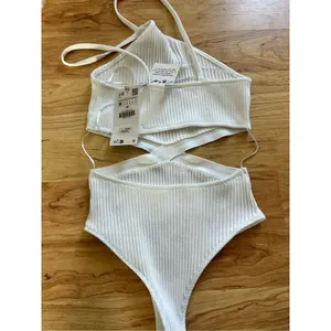 Zara NWT White Ribbed Bodysuit Cutout One Piece Thong Halter Top sz M y2k thumbnail 3