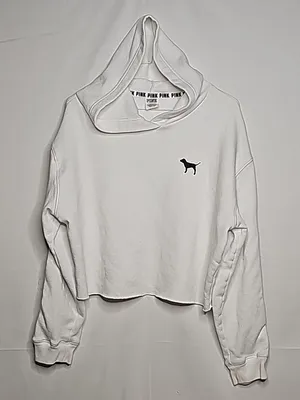 PINK Victoria's Secret hooded hoodie cropped crop white sweatshirt tied on arms M thumbnail 1
