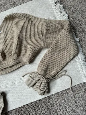Tan Knit Puff Ruffle Sleeve Bow Tie Cropped Long Sleeve Sweater Top thumbnail 3