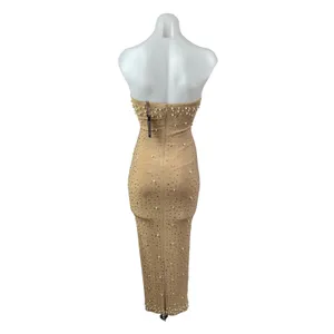 NEW PrettyLittleThing Gold Bandeau Tube Beaded Rhinestone Maxi Bodycon Dress 4 thumbnail 5
