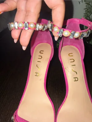 Unisa Hot Pink Rhinestone Pearl Heels Strappy Square Toe Sandals thumbnail 5