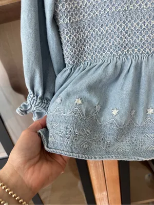 American Eagle babydoll top Denim Smocked Peplum square Puff Sleeve Embroidered thumbnail 8