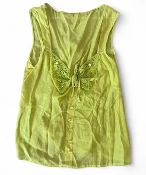 Y2K lime green top with butterfly sequin lace detail and button front thumbnail 1