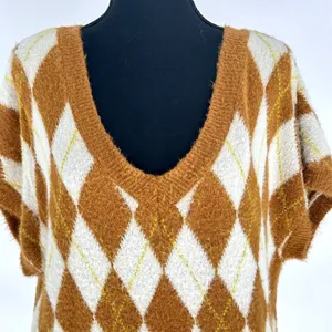 Free People Sweater Vest Women's Through the Motion Argyle Boxy Tan Cream Medium thumbnail 4