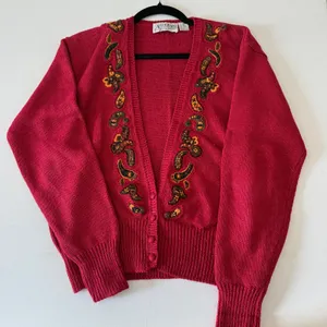 90s Vintage Autograph Red Paisley Embroidered Cardigan sweater | Medium thumbnail 1