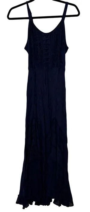Under One Sky Navy Embroidered Boho Maxi Dress Lace Up‎ Smocked Back Ruffle Hem whimsygoth thumbnail 1