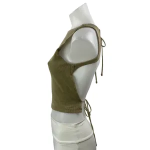 Zara Women's Olive Green Ribbed Knit Open Back Backless Tie Crop Top Size M thumbnail 2