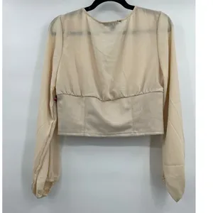 Love X Design Womens Crop Blouse Top Lantern Sleeves V-Neck Tan Beige NEW Medium thumbnail 4