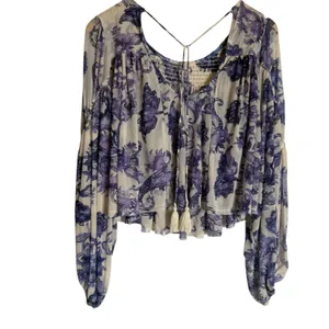 Free People Up For Anything White Blue Floral Smocked Long Sleeve Blouse thumbnail 10