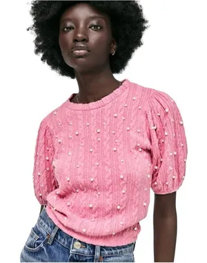 ZARA Pink Pearl Knit Sweater Top NWT thumbnail 1