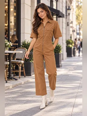Nordstrom Camel Brown Stretch Denim Utility Jumpsuit Short Sleeve Zip Front S NEW thumbnail 2