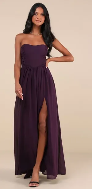 NWT Lulus Luxe Favorite Dark Purple Strapless Ruched Maxi Dress Bridesmaid Sz L thumbnail 1