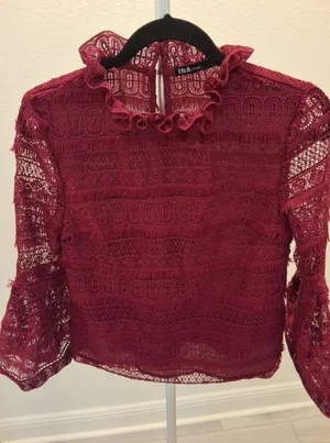 INA Sheer Lace Victorian Ruffle Mock Neck Blouse Top XS Women Maroon thumbnail 1