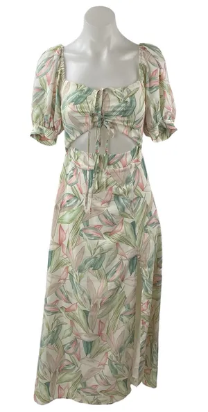 Lulus Thriving Moment Floral Cut Out Ruched Puff Sleeve Midi A-Line Dress Sz XS thumbnail 1
