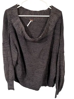 Free People Grey Linen Blend Ribbed Off Shoulder Slouchy Knit Top Size Large thumbnail 1
