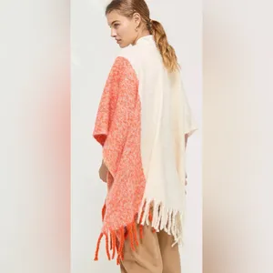 Urban Outfitters Nubby Ruana Shawl Pancho Wearable Scarf ivory Orange Tassels thumbnail 2