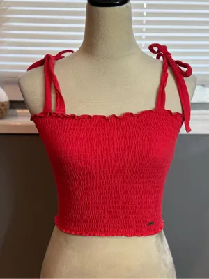 Hollister Bright Red Smocked Tie-Shoulder Crop Top thumbnail 2