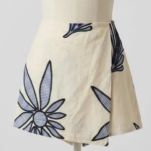 CIEBON Floral Embroidered Wrap Skort Cream Blue Cotton Resort Vacation XS thumbnail 1