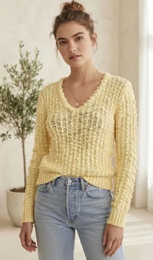 Mister Noah Vintage Yellow V-Neck Textured Knit Sweater Cozy Retro Pullover M thumbnail 1
