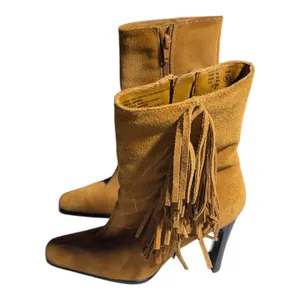 Vtg 1990s Predictions Brown Suede Fringe Trim Block Heel Square Toe Midi Boots 5 thumbnail 6