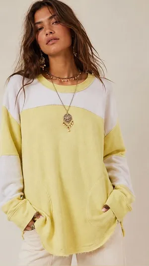 Free People Jordan Colorblock‎ Citron Yellow Cream Long Sleeve Pockets Sweater thumbnail 1